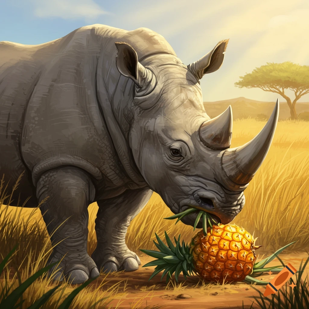 A rhinoceros eats a pineapple in a sunny savanna, illustrated in a detailed style.