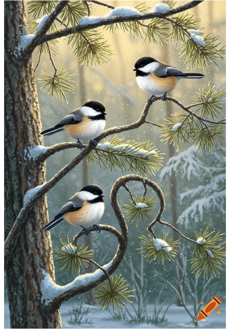 Three black-capped chickadees perch on a snow-covered pine branch in a winter forest, in a detailed illustration.