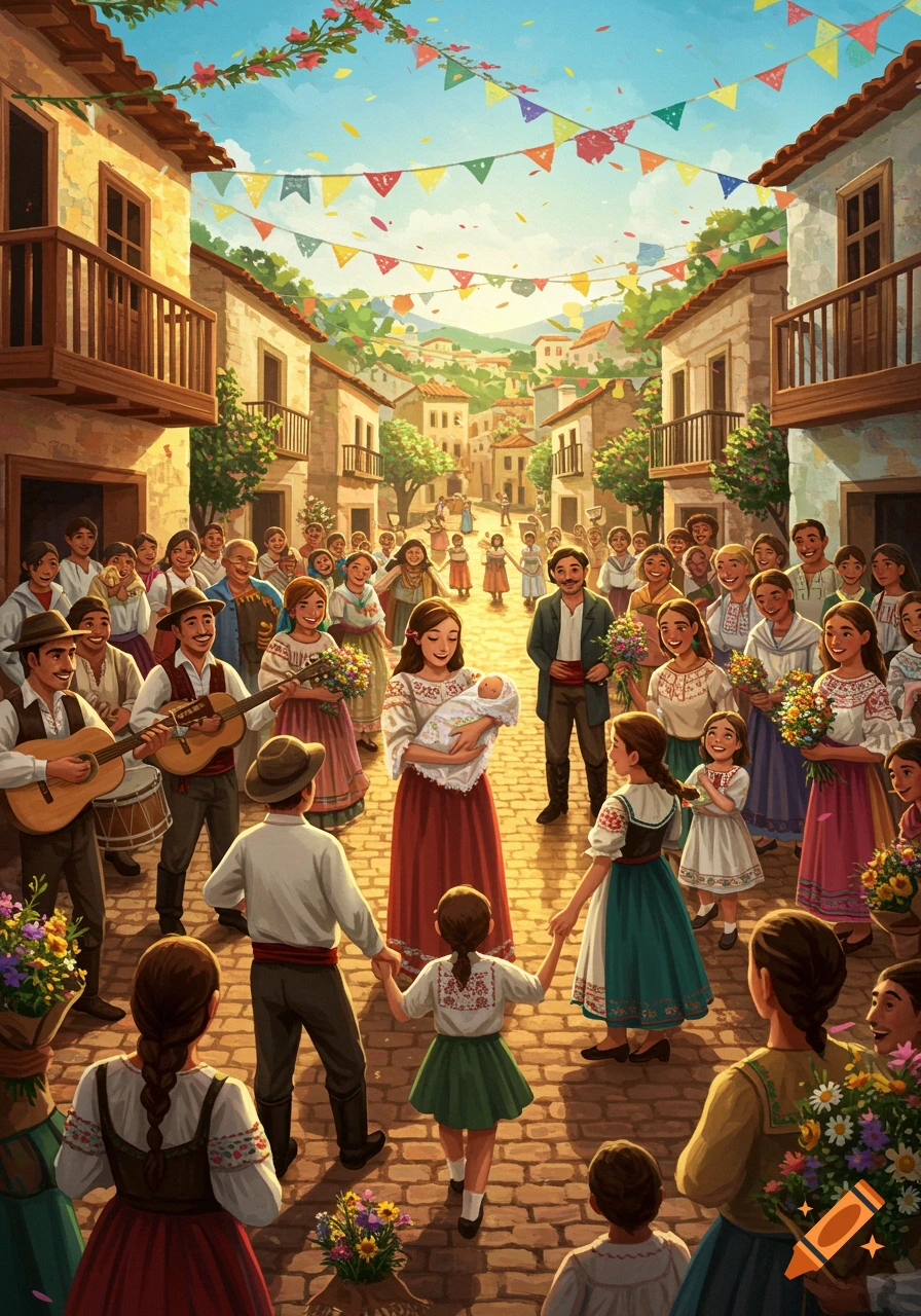 A vibrant illustration of a community celebrating in a sunny village street, with people, musicians, and a woman holding a baby.