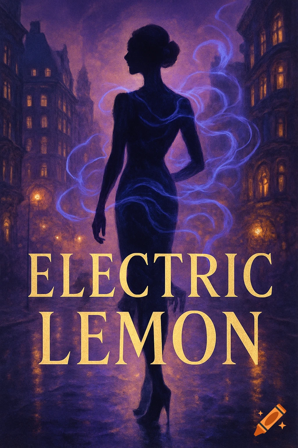 A purple-hued book cover features a dark silhouette of a woman with glowing blue energy, standing in a stylized city, with 'ELECTRIC LEMON' in gold text.