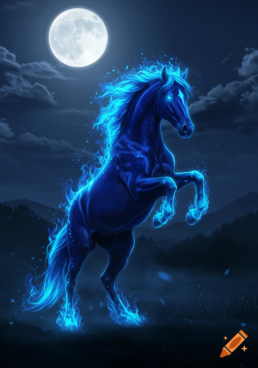 A majestic, dark blue horse rears under a full moon, emanating bright blue flames from its mane, tail, and hooves, in a dark, misty forest at night.