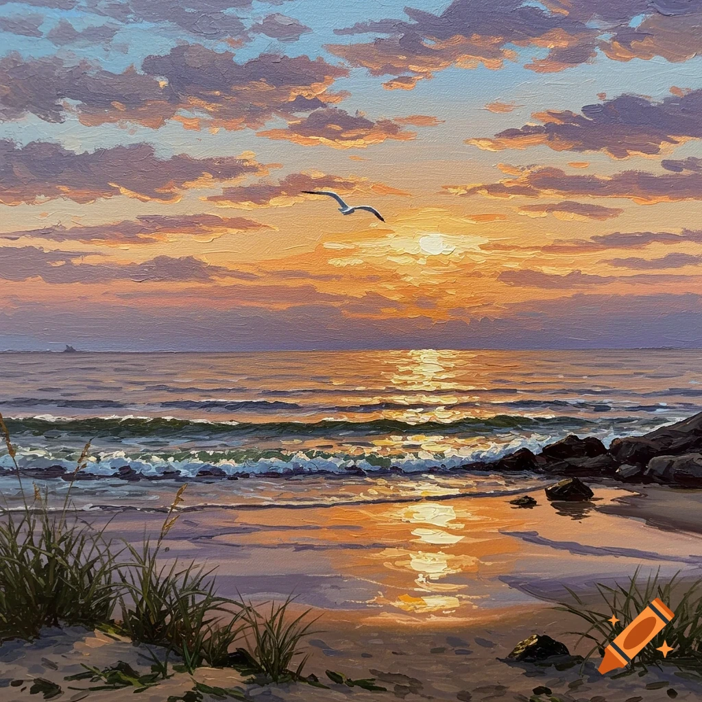 An oil painting of a vibrant sunset over a calm ocean with a seagull flying, beach grass, and rocks on the shore.
