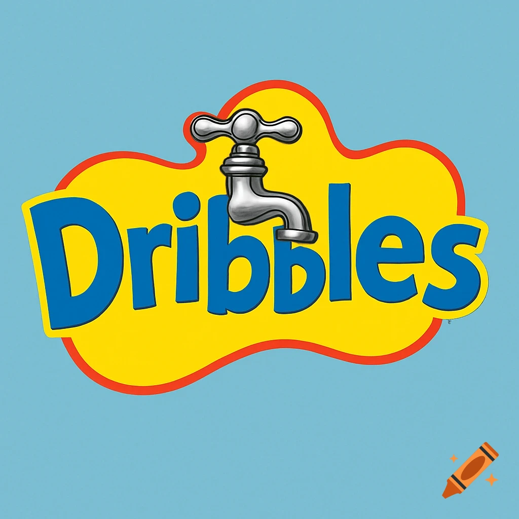 Logo for 'Dribbles' with a silver tap as the 'R' on a yellow and red blob, on a light blue background.