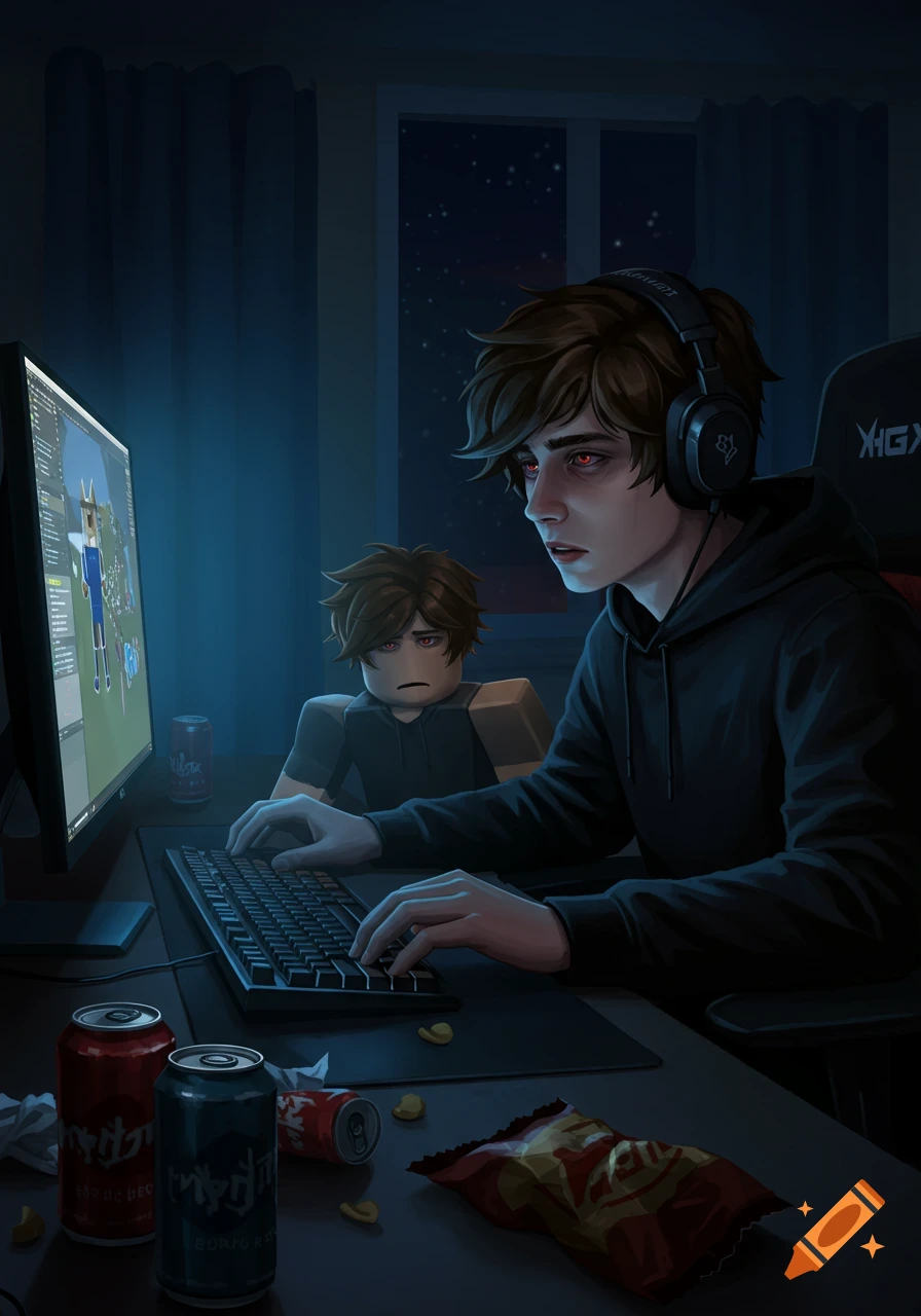 A tired young man with red eyes and headphones plays Roblox on a PC at night, surrounded by soda cans and snacks. Stylized digital art.