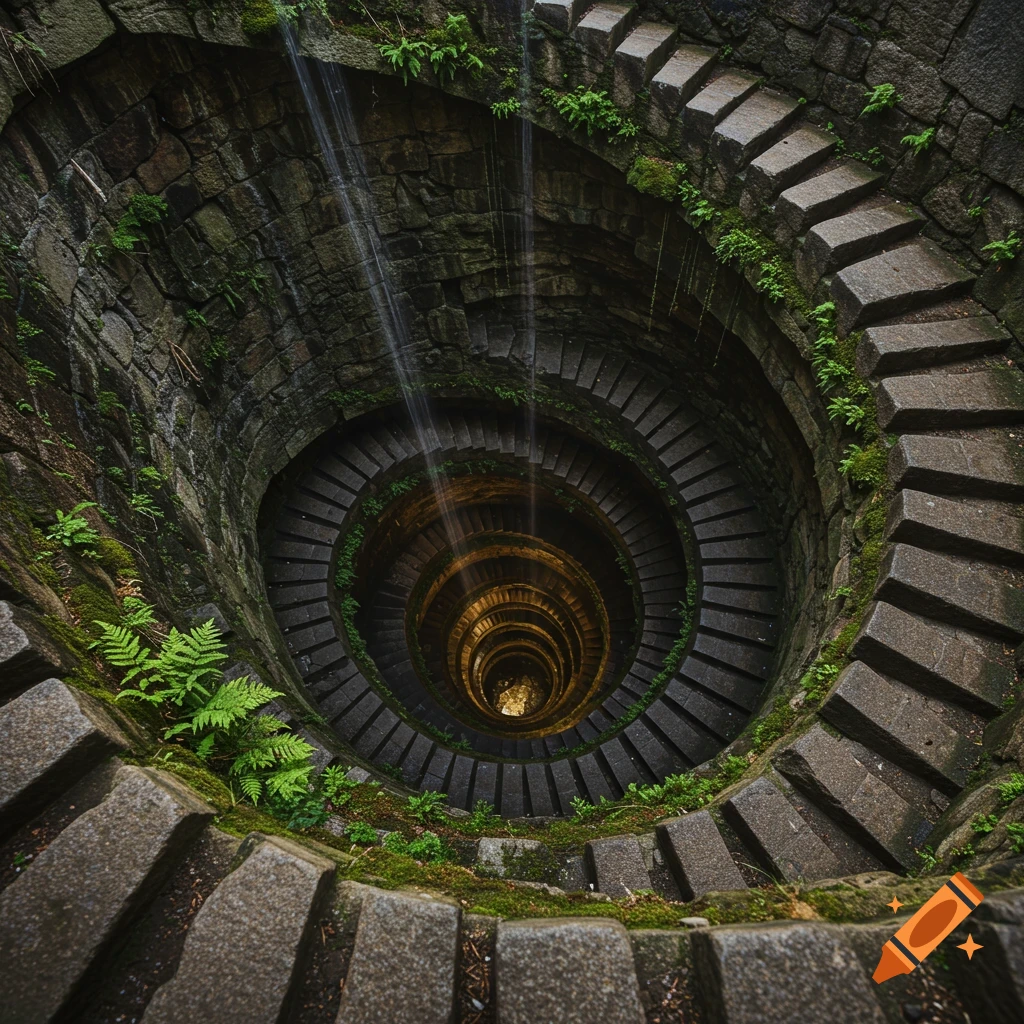 Photorealistic ancient stone stairs spiraling into a deep, mossy well. Light glows at the bottom, and water trickles down.