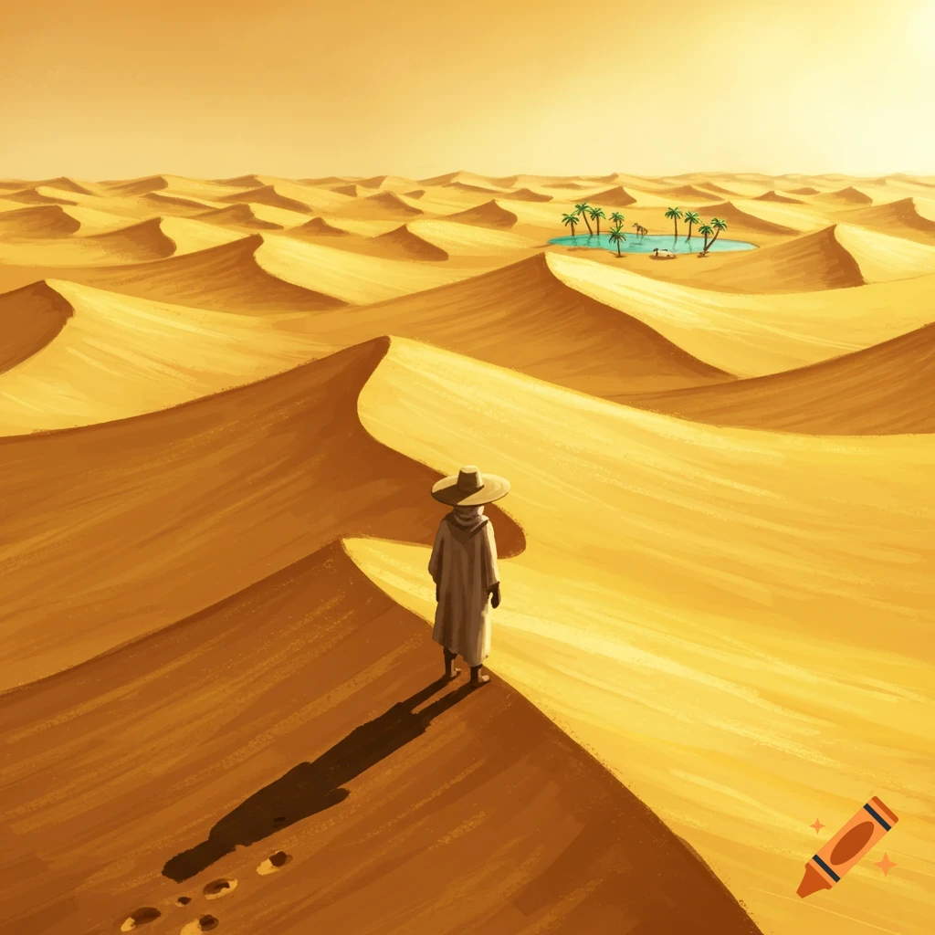 An illustration of a person walking across golden desert dunes towards a distant oasis with palm trees.