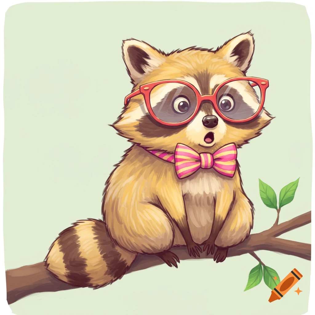 A cute cartoon raccoon with red glasses and a pink bow tie sits on a tree branch, looking surprised.