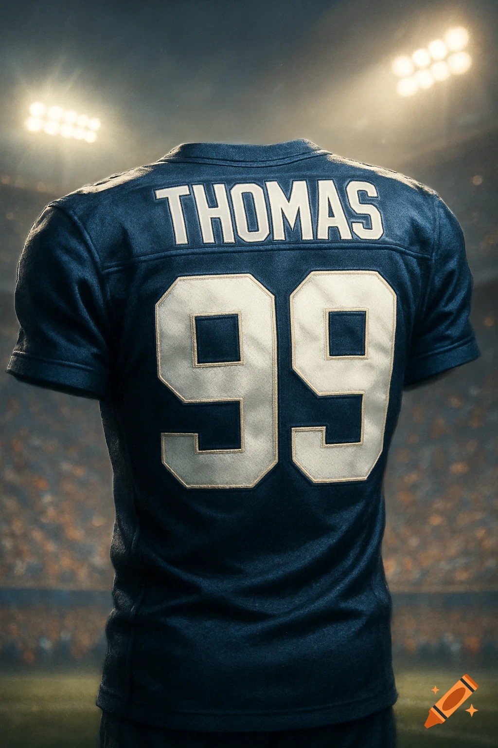 The back of a navy blue football jersey with the name THOMAS and number 99 in white, under stadium lights.