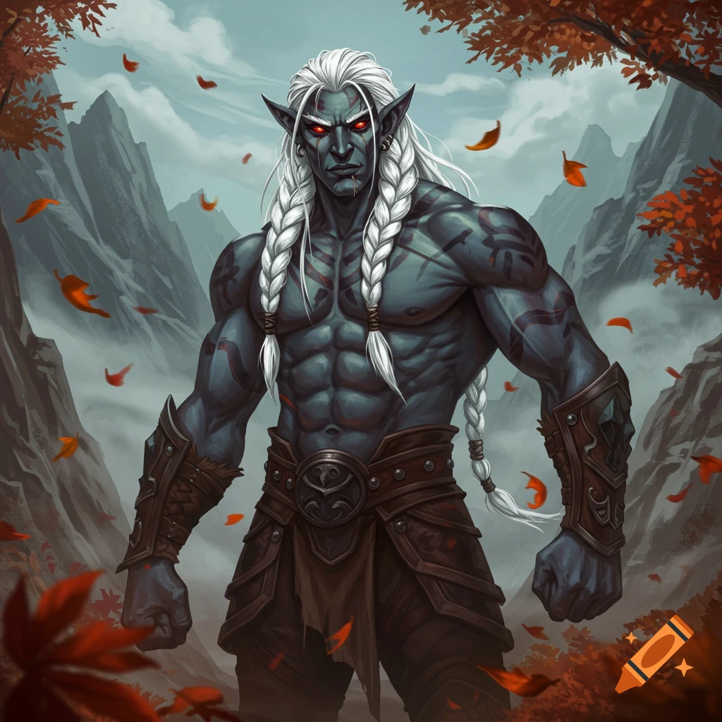 Muscular Firbolg barbarian with greenish-blue skin, white braids, and red eyes stands in an autumn mountain landscape.