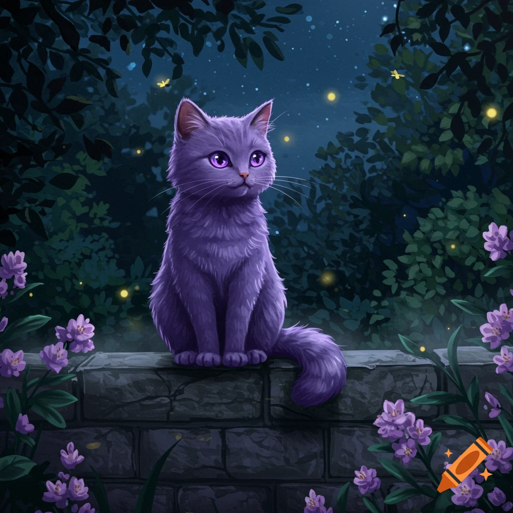 A purple cat with bright purple eyes sits on a stone wall in a magical moonlit garden with glowing fireflies and purple flowers.