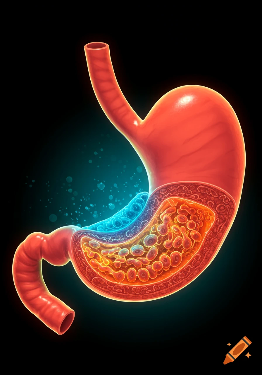 Colorful, cartoonish scientific illustration of a human stomach cross-section with glowing, regenerating layers.