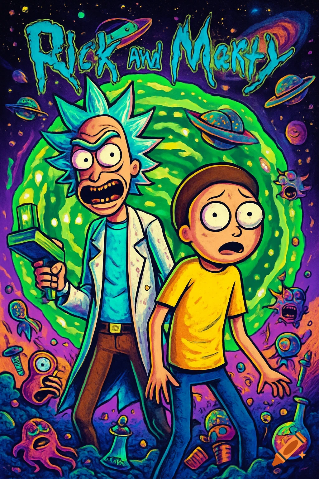 Vibrant cartoon of Rick and Morty standing before a green portal, surrounded by aliens and spaceships in a cosmic scene.