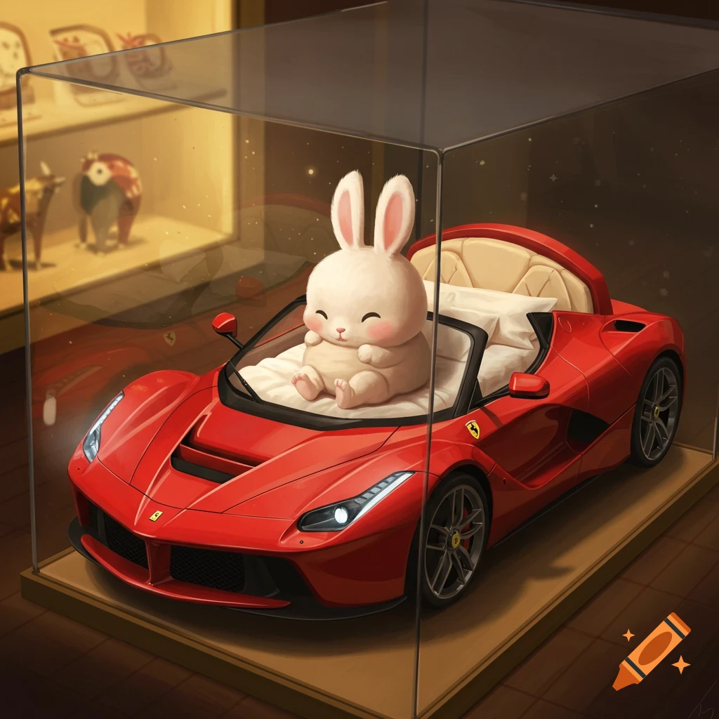 A cute, fat baby bunny sits in a red Ferrari LaFerrari car bed, displayed in a glass case, in a whimsical cartoon style.