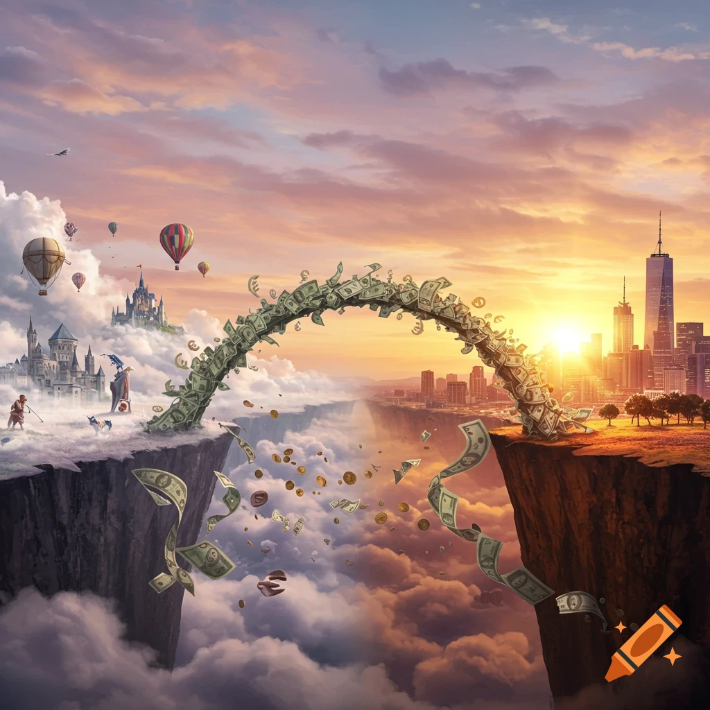 A money bridge connects a medieval fantasy land with castles and hot air balloons to a modern city skyline at sunset, over a cloudy chasm.