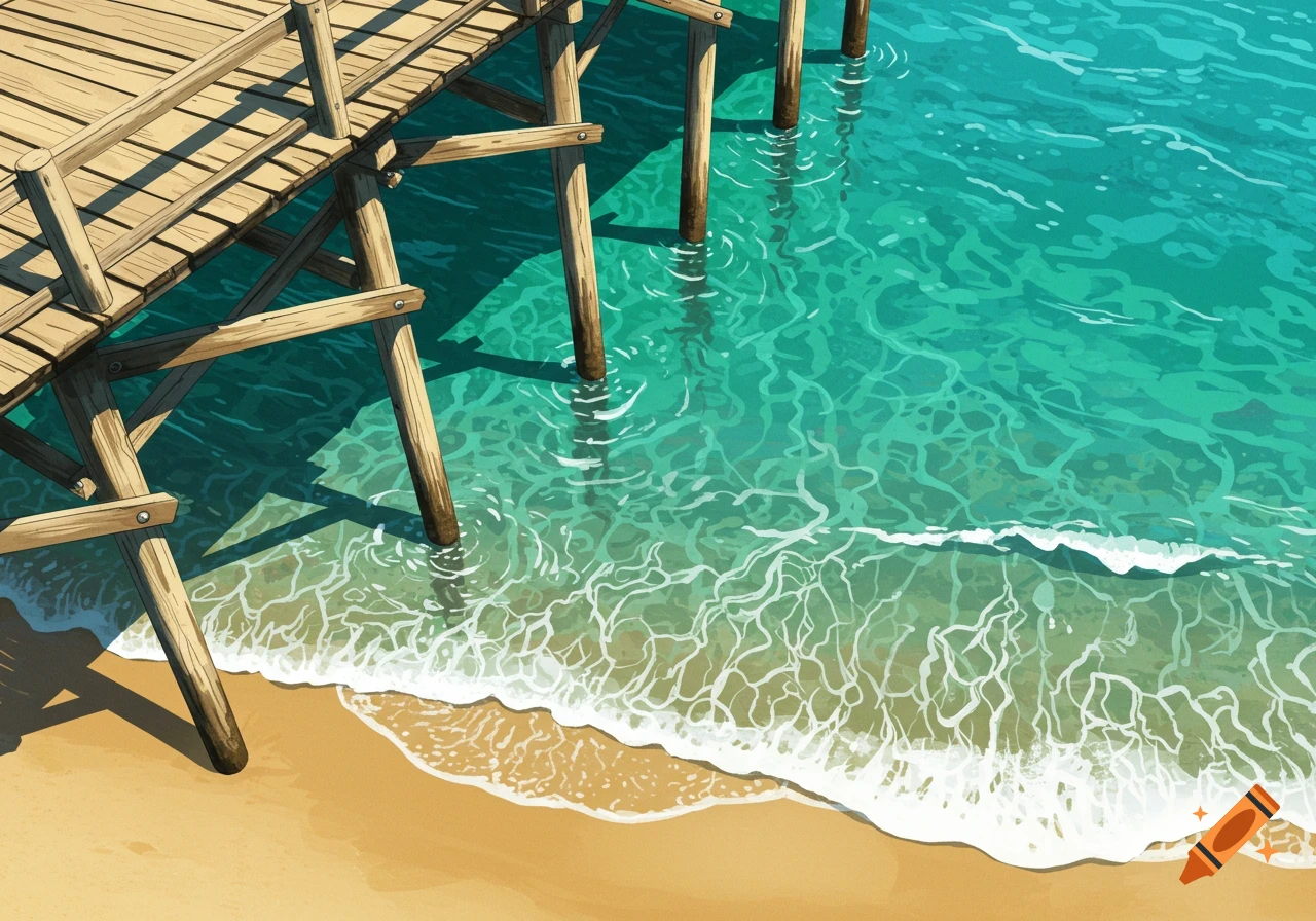 An overhead illustration of a wooden pier extending over clear turquoise water and a sandy beach.