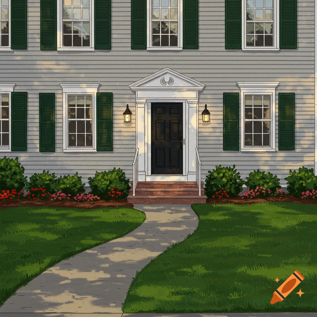 An illustrative front view of a colonial house with gray siding, dark green shutters, a black door, and a winding path.