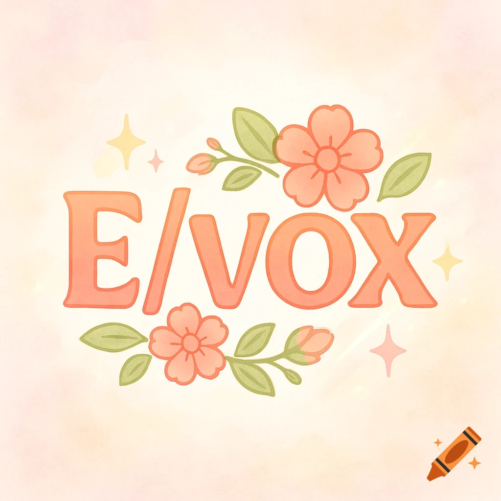A cute logo featuring the word "E/VOX" in a soft orange, rounded font, surrounded by pink flowers, green leaves, and sparkling accents on a light watercolor background.