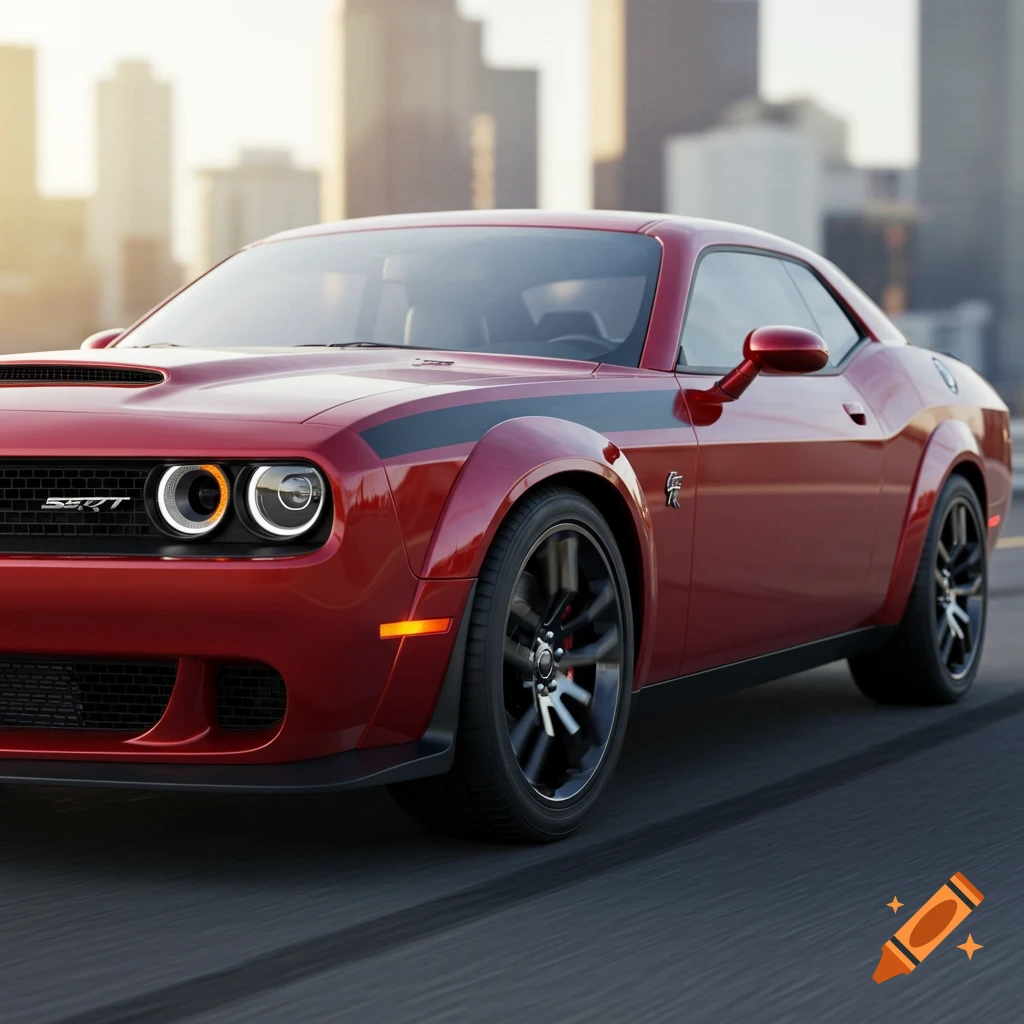 A shiny red Dodge Challenger SRT with black racing stripes drives on a road with a city skyline in the background, bathed in golden hour light.