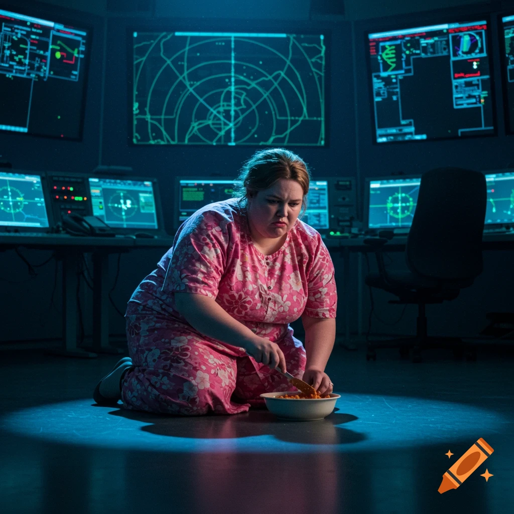A large woman in a pink floral mumu kneels on the floor of a dark, blue-lit radar control room, scraping food from a bowl.