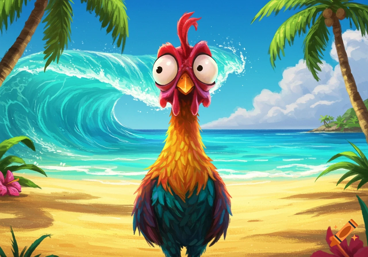 A colorful, wide-eyed cartoon chicken stands on a sandy tropical beach with a large blue wave crashing behind it.