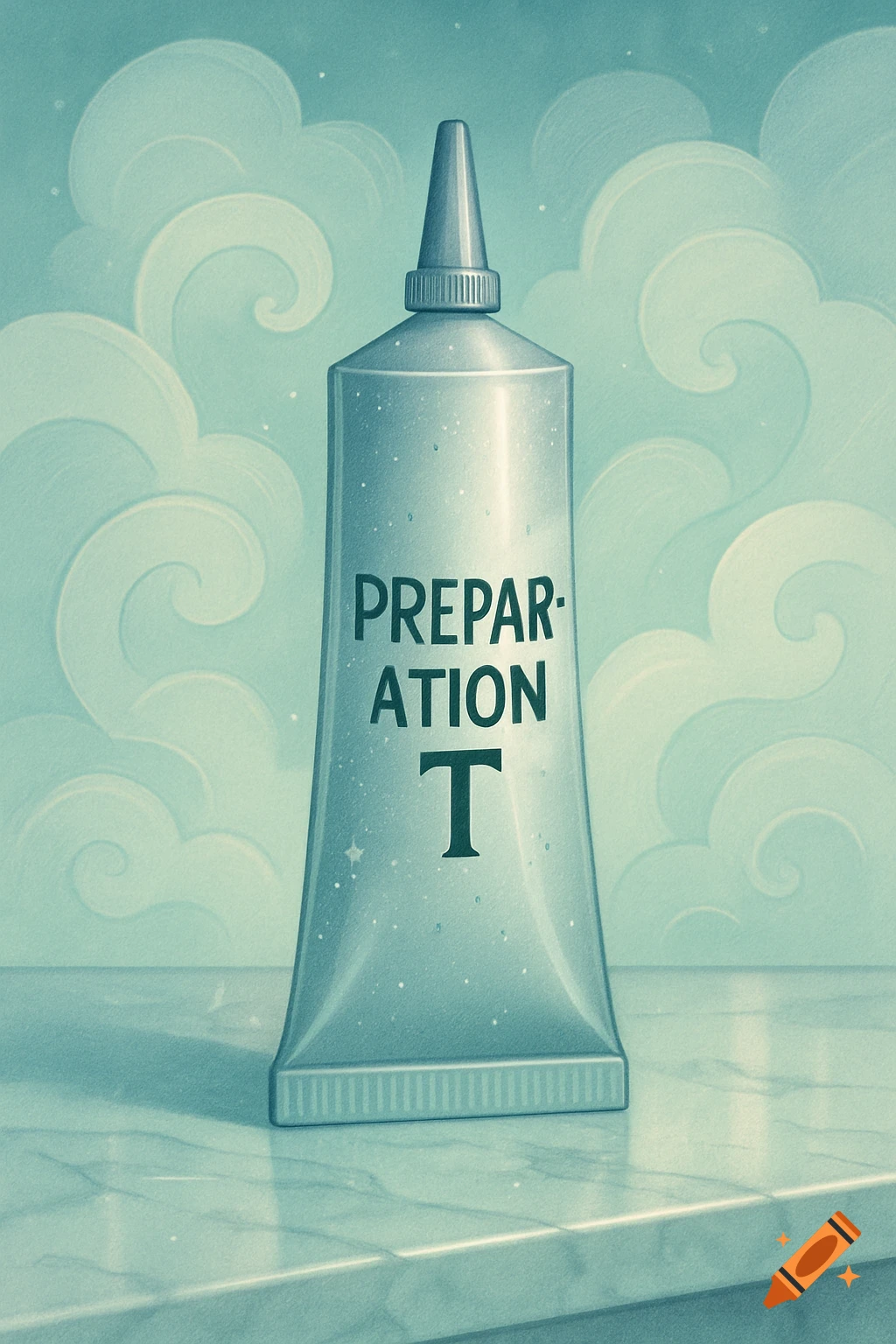 An illustration of a silver tube labeled 'PREPAR-ATION T' on a marble surface against a sky with stylized clouds.