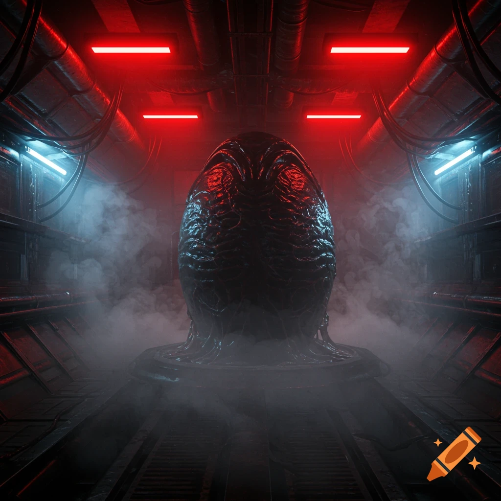 A xenomorph egg in a smoky, dark, metallic corridor with red and blue neon lights.