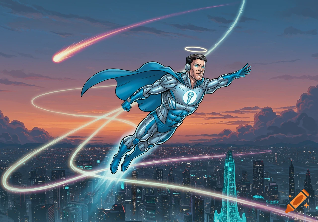 A comic book style superhero in a blue and silver suit and cape flies over a city at sunset, leaving light trails.