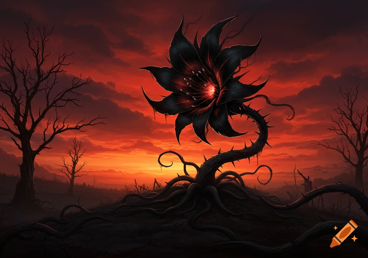 A dark, thorny, glowing evil flower stands in a desolate landscape with bare trees and a vibrant red sunset.