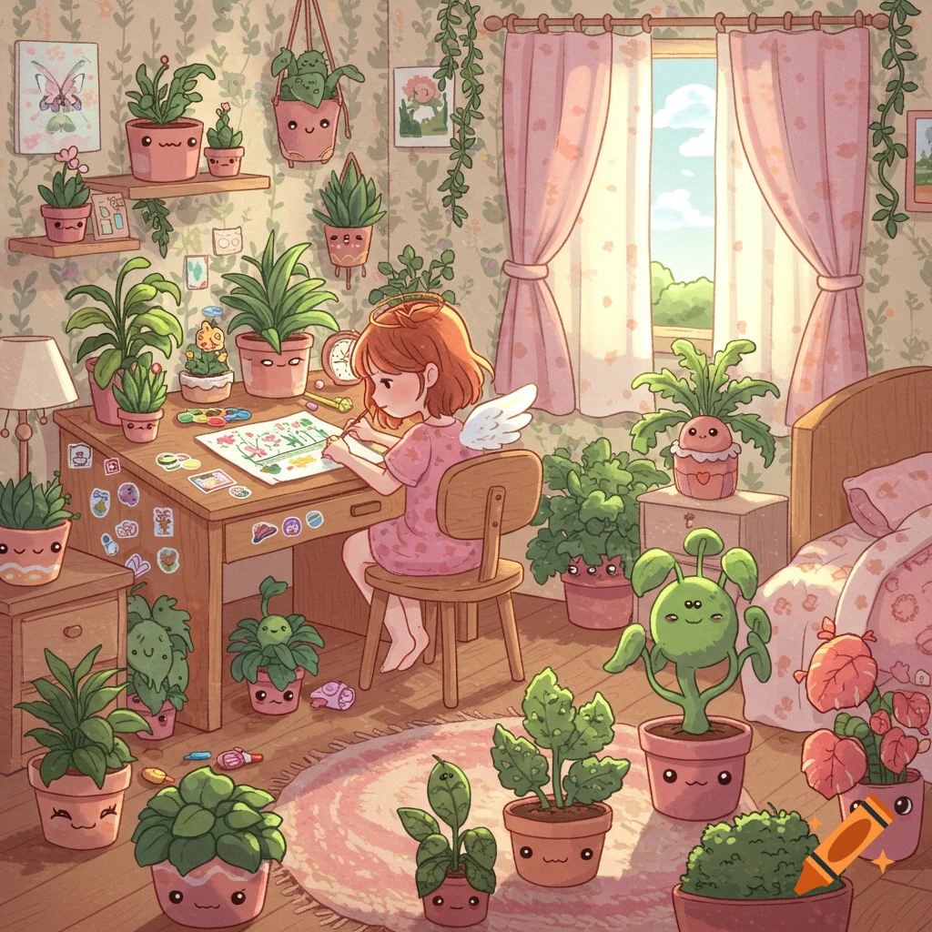 A cute anime girl with a halo and wings drawing at a desk in a cozy room filled with many adorable, smiling potted plants.