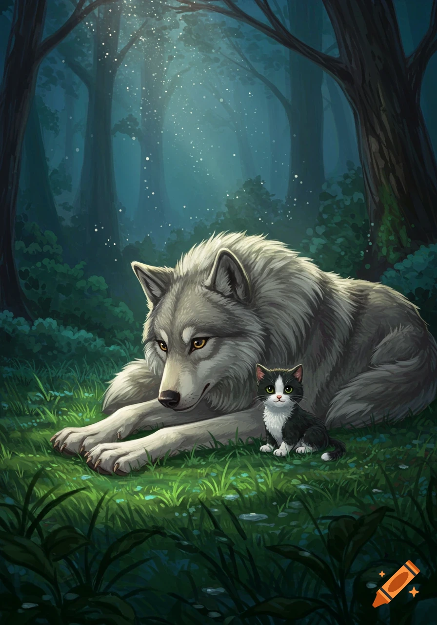 A grey wolf and a small black-and-white kitten cuddle in an enchanted forest with sparkling light, in a whimsical fantasy illustration.