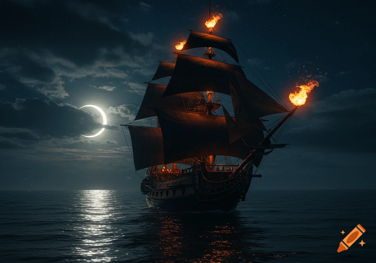 A dark fantasy pirate ship with black sails and fiery torches sails on a moonlit sea under a crescent moon and cloudy night sky.