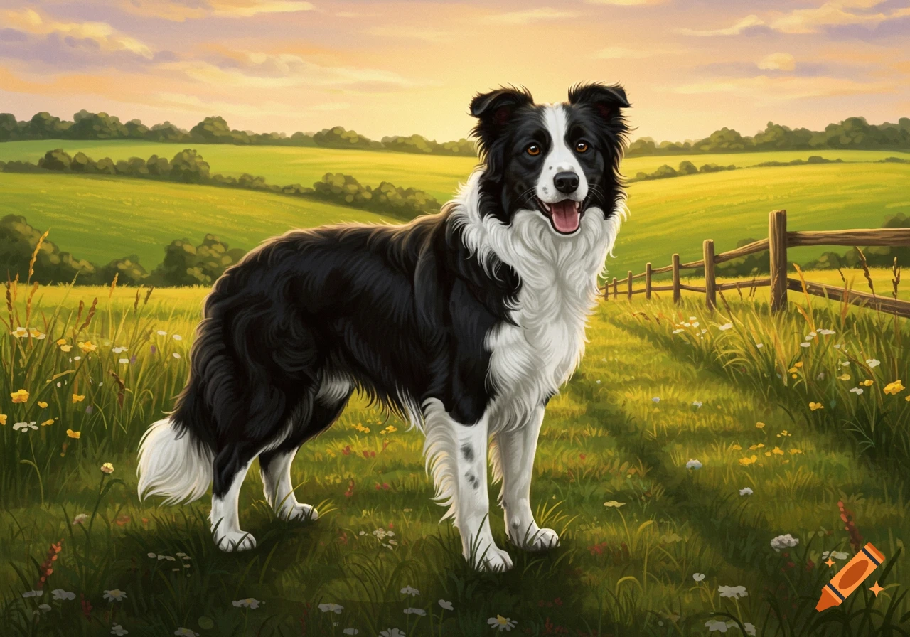 A black and white Border Collie stands in a vibrant green field with wildflowers and a wooden fence at sunset, painted in an illustrative style.