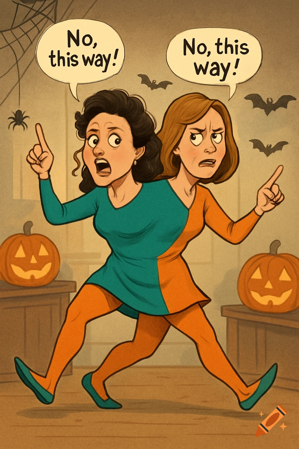 Cartoon illustration of a two-headed woman arguing and pointing in opposite directions, with Halloween decorations like pumpkins and bats.