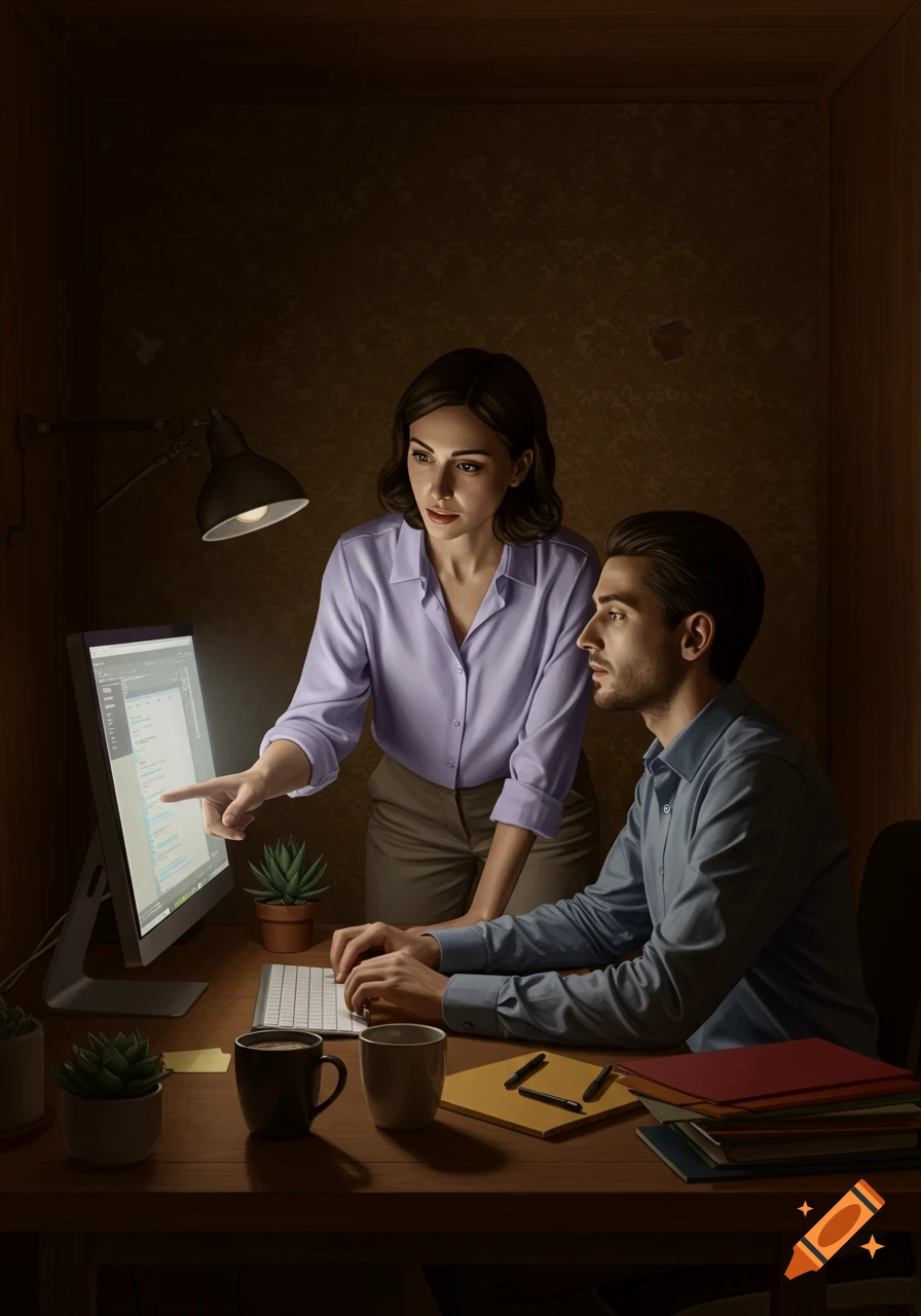 A woman points at a computer screen while helping a man working at a desk in a dimly lit room, with plants and coffee mugs.