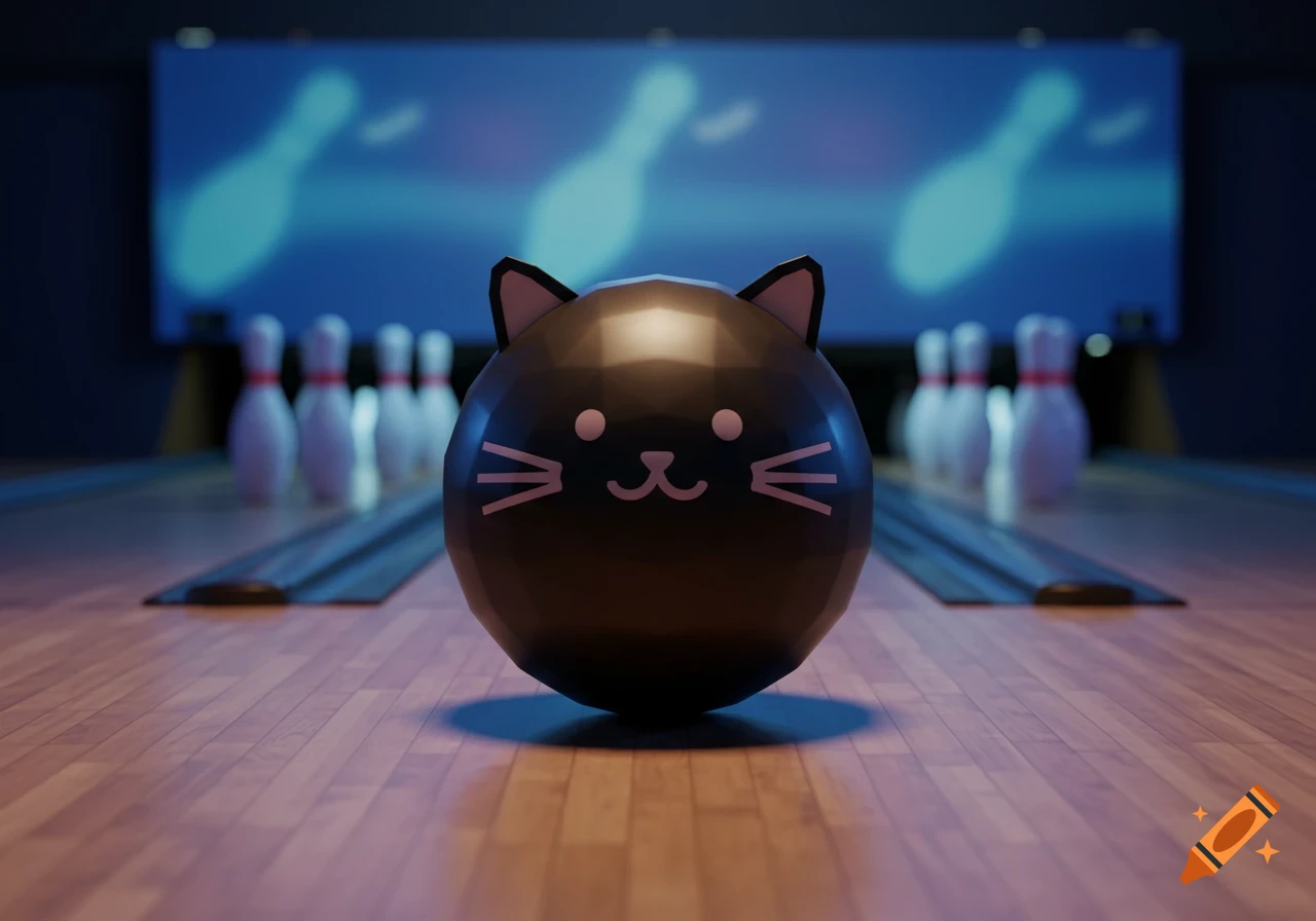 A black low-poly bowling ball with cat features on a wooden bowling lane, pins visible in the background.