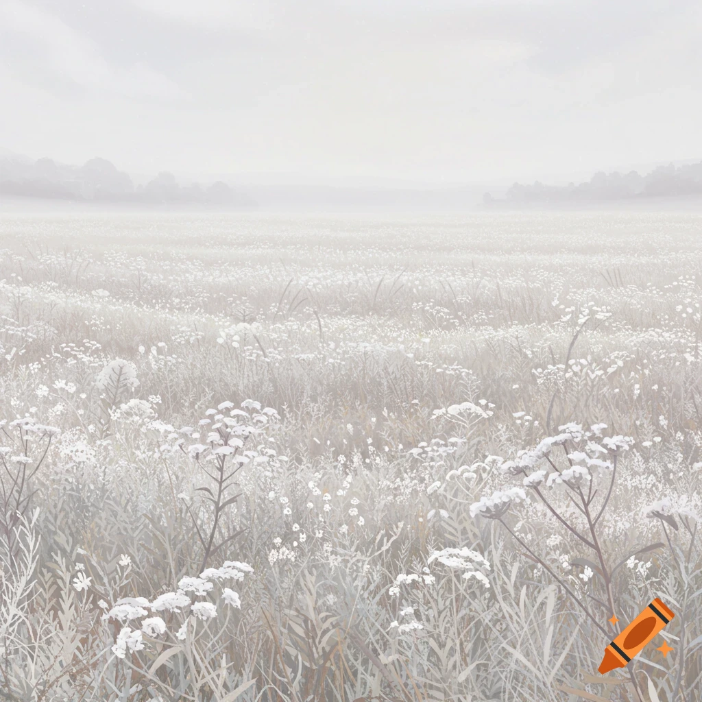 A hazy, muted landscape of a field filled with light-colored wild herbs and flowers under a soft sky.