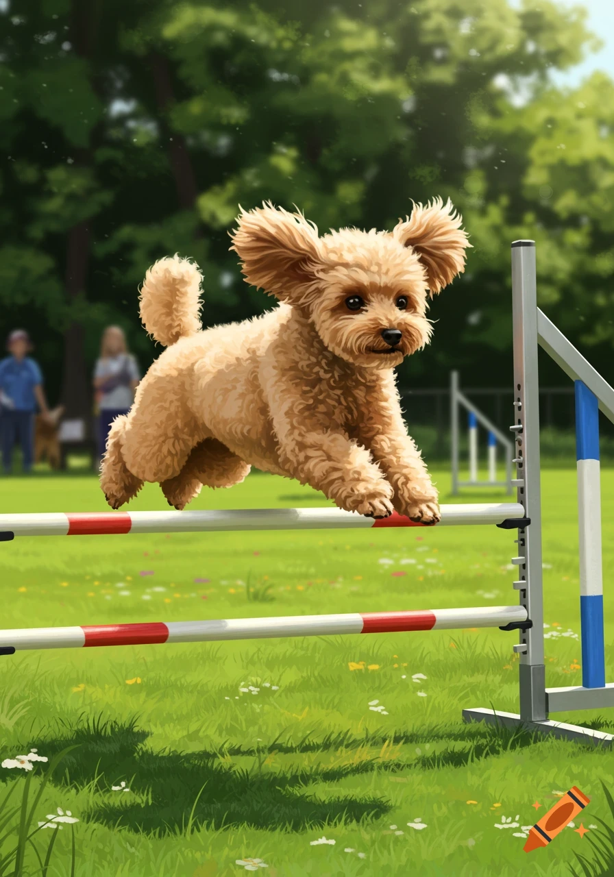 A fluffy tan toy poodle jumps over a white and red hurdle in a vibrant green park, rendered in an illustrative style.