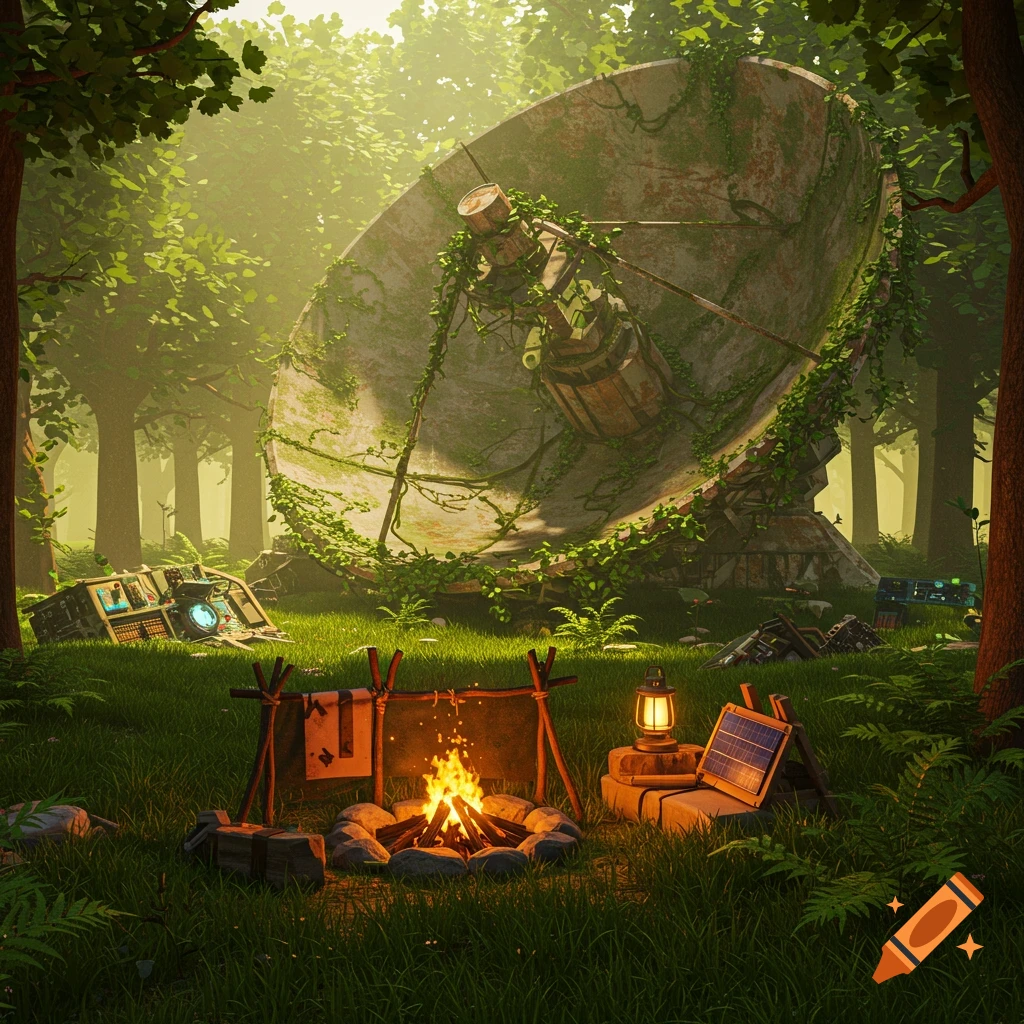 A stylized scene of a campfire in a lush forest with a giant, overgrown satellite dish and scattered futuristic machinery in a Roblox game cover style.