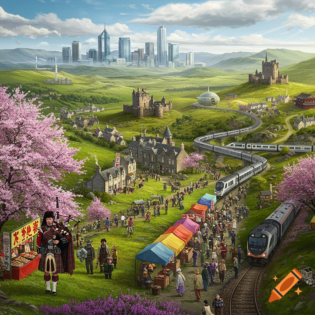 A bustling fantastical landscape combining Scottish and Japanese elements, with a modern city, castles, trains, cherry blossoms, and a market. A bagpiper stands in the foreground.