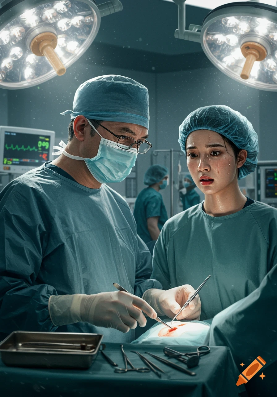 A photorealistic image of a surgeon and a distressed medical student performing surgery under bright operating lights.