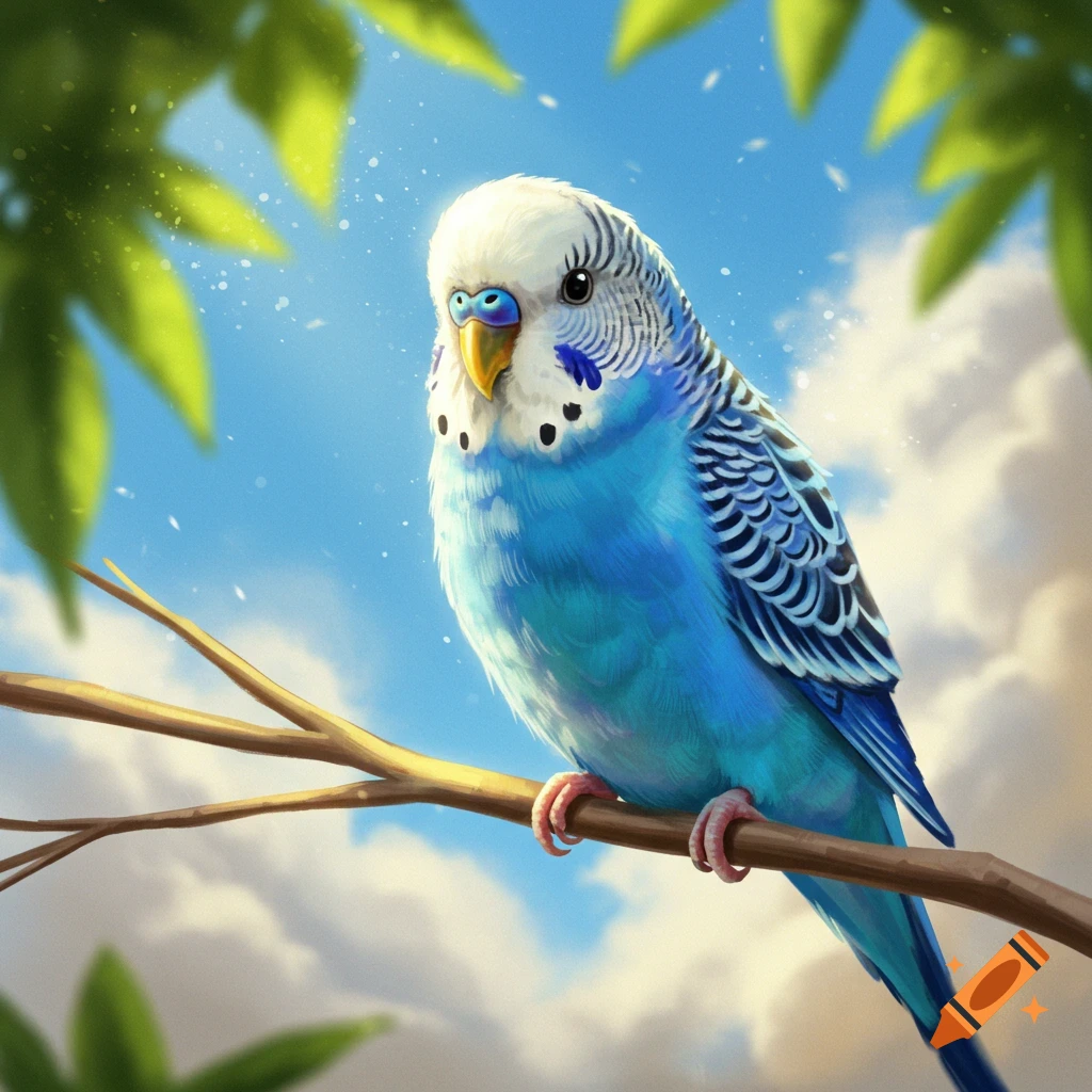 A vibrant blue budgie bird perched on a branch under a bright blue sky with fluffy white clouds and green leaves.