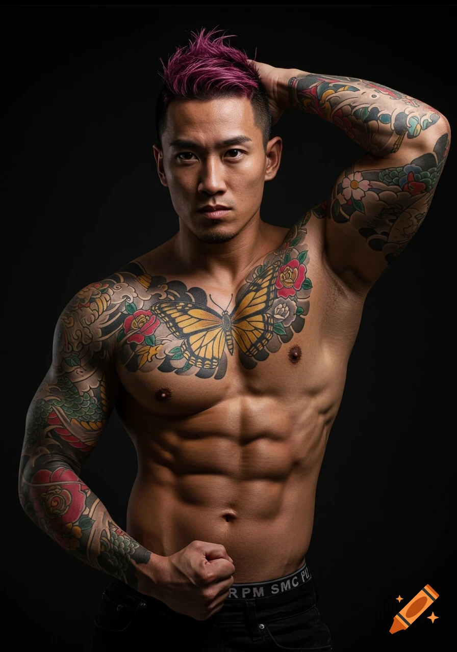 A muscular Asian man with purple spiky hair and full-sleeve tattoos poses shirtless, looking at the camera against a dark background.