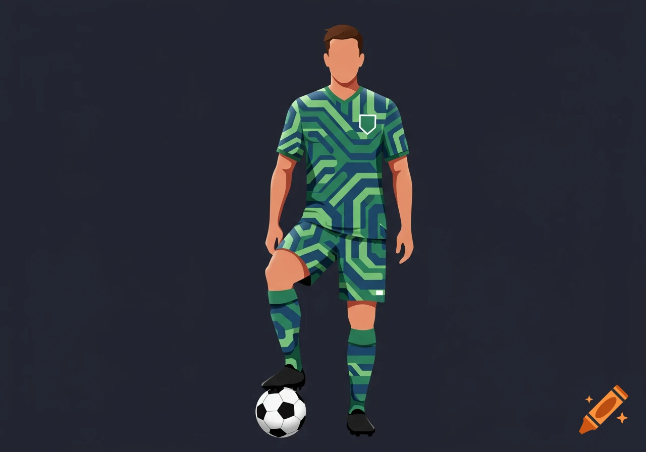 A flat color illustration of a soccer player in a green and blue geometric dazzle camouflage uniform, with one foot on a soccer ball.