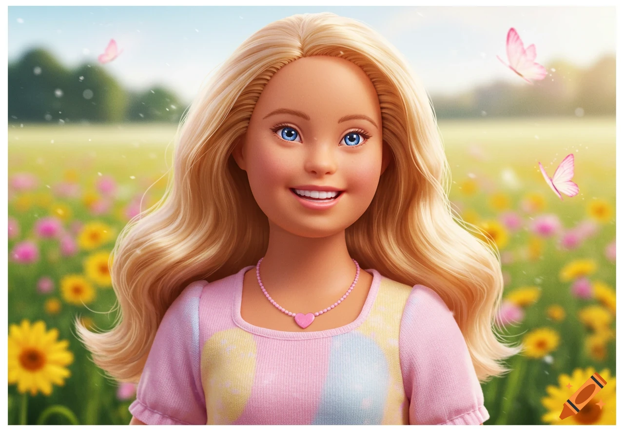 Smiling Barbie doll with Down's Syndrome in a vibrant flower field with butterflies, photorealistic.