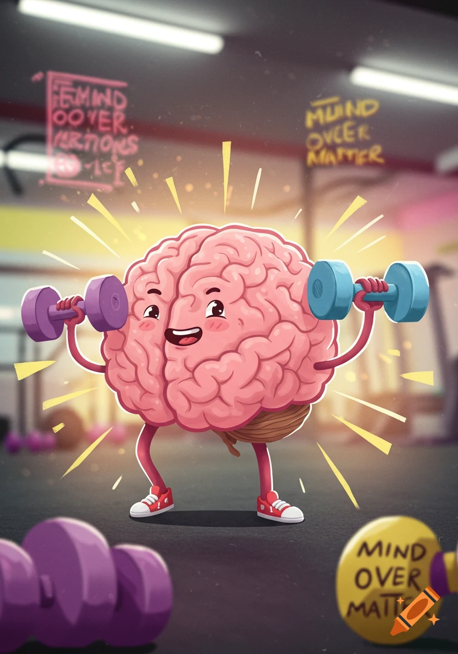 A cheerful cartoon brain with arms and legs lifts purple and blue dumbbells in a gym.