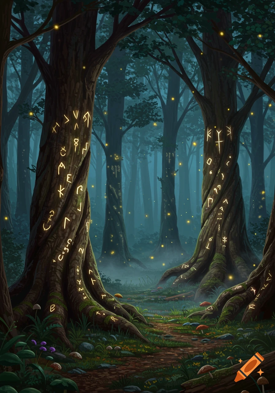 A mystical, dark forest with tall trees covered in glowing runes, a path, mushrooms, and floating fireflies.