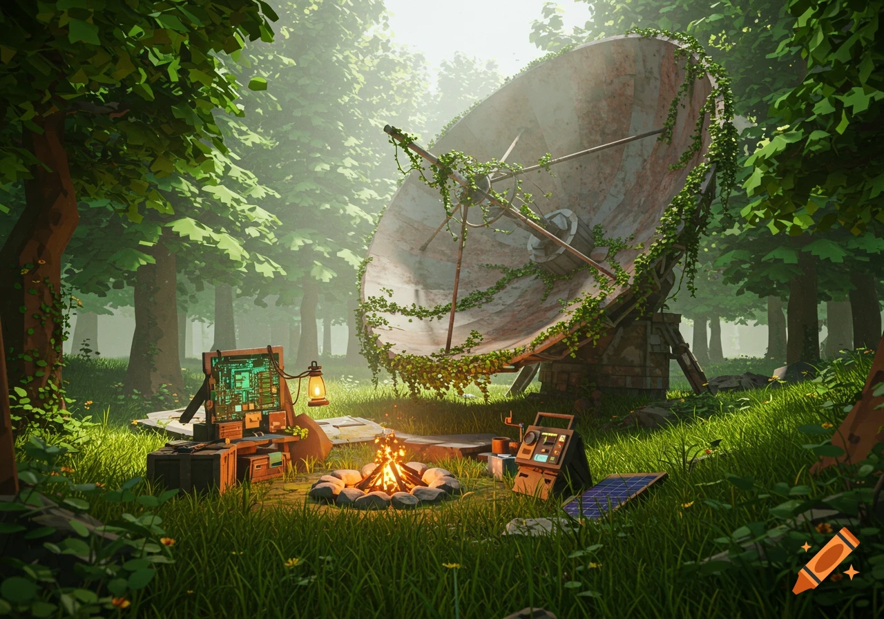 A stylized image of a large rusted satellite dish overgrown with vines in a lush forest, with a campfire and electronics in the foreground.