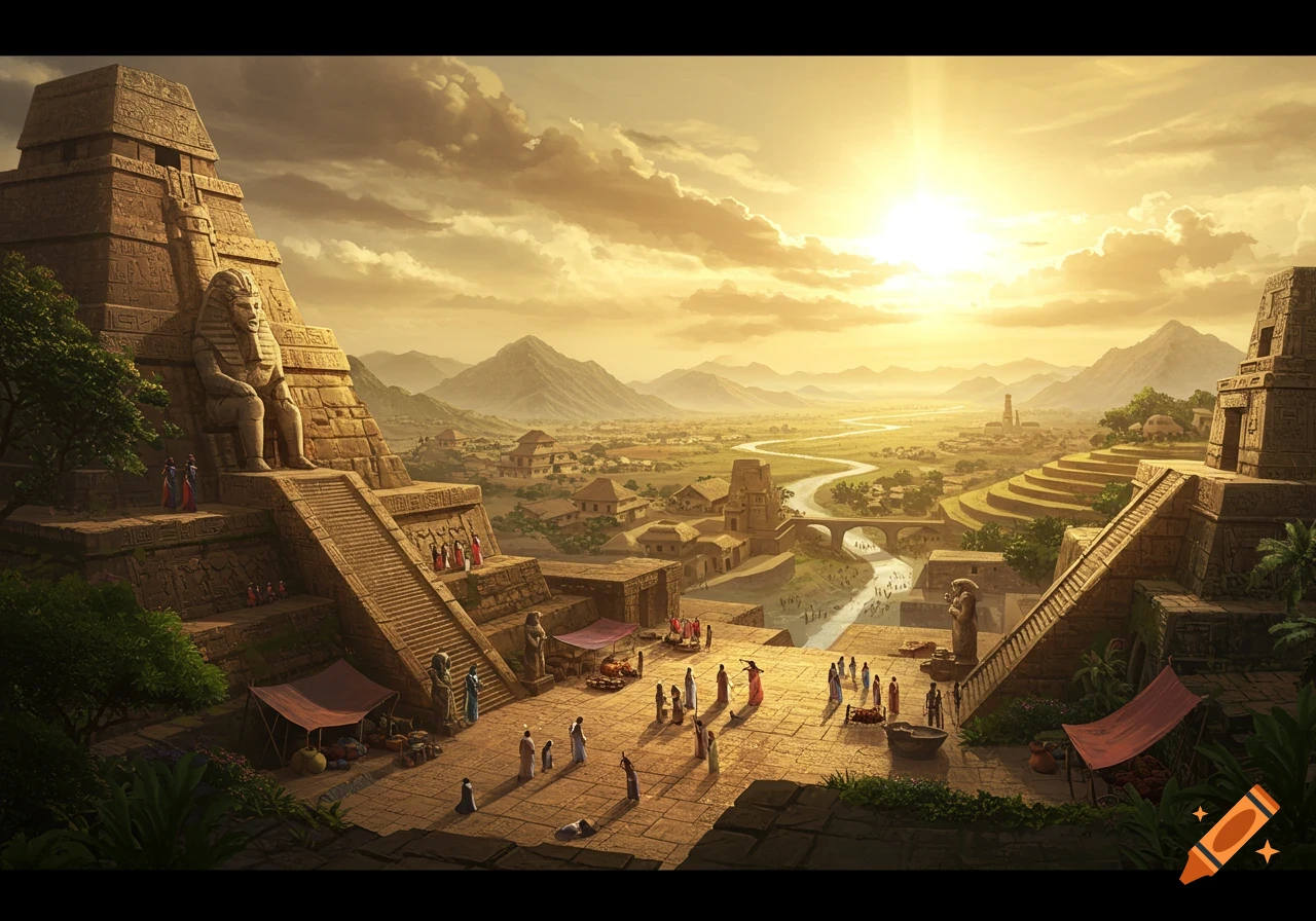 Ancient city at golden hour, with large pyramids, sphinx statue, and people in a market square overlooking a river valley.