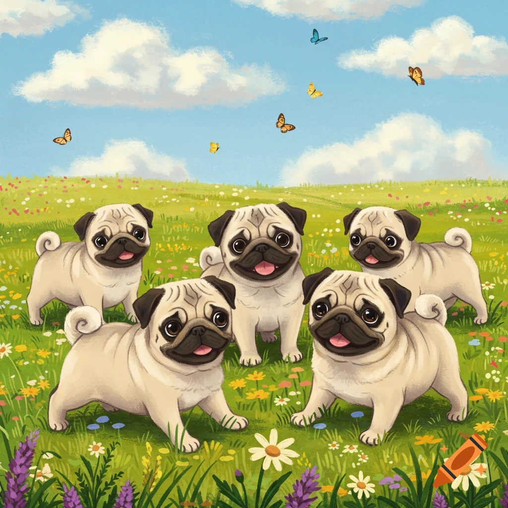 Five cute pug puppies in a vibrant green meadow filled with colorful flowers, under a blue sky with clouds and butterflies. Illustration.