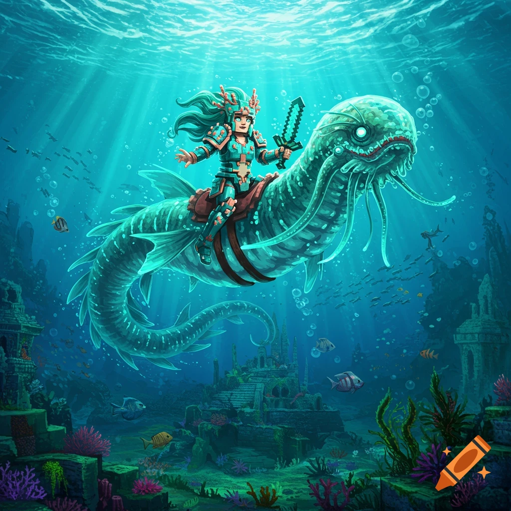 A Minecraft-style character in armor rides a large, glowing marine medusa worm through ancient sunken ruins underwater.